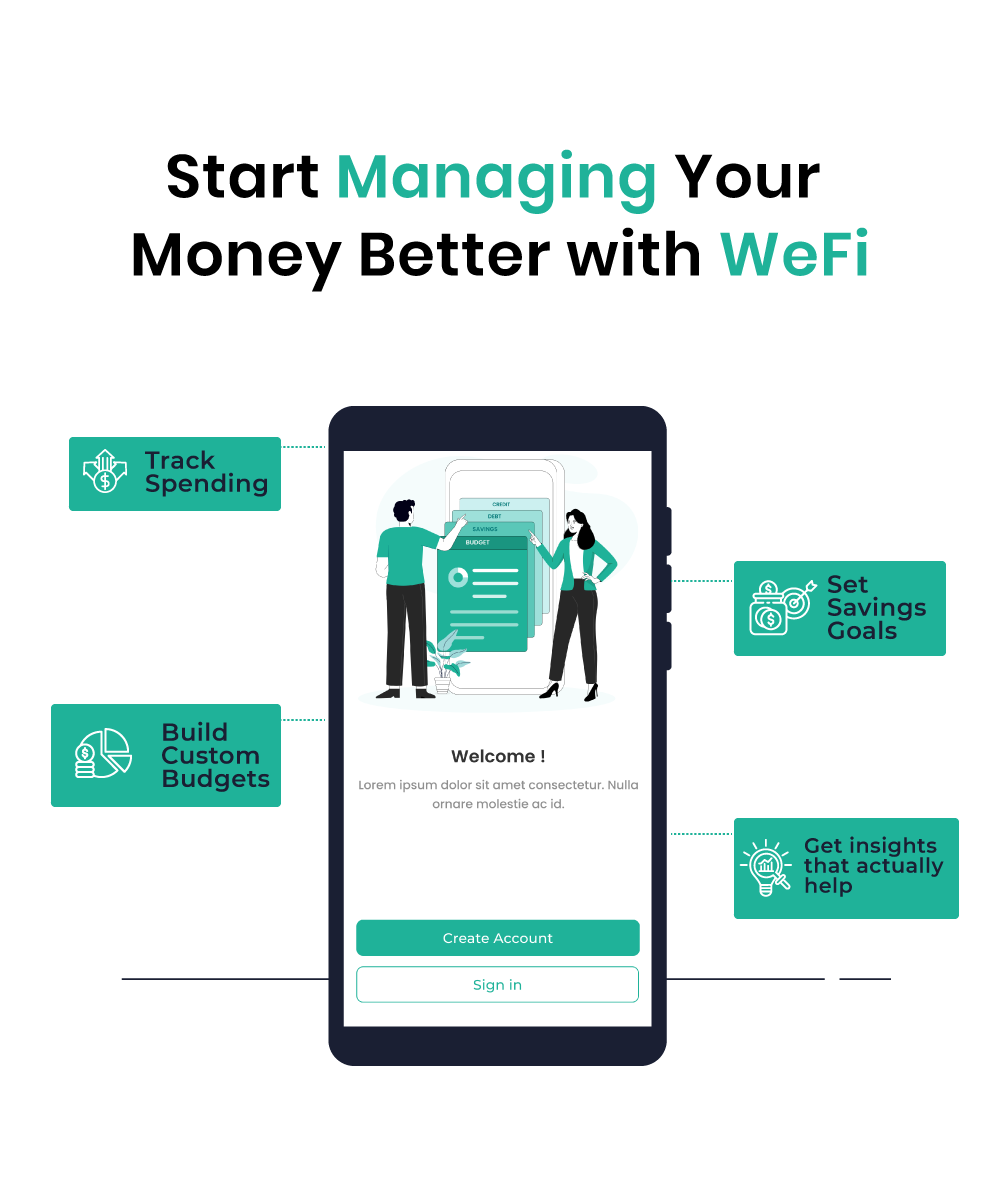 Mobile app interface promoting WeFi for money management, showing features like budget building, spending tracking, savings goals, and helpful insights.